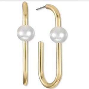 NWT Alfani Gold-Tone & Imitation Pearl Open Oval Hoop Earrings, Gold tone